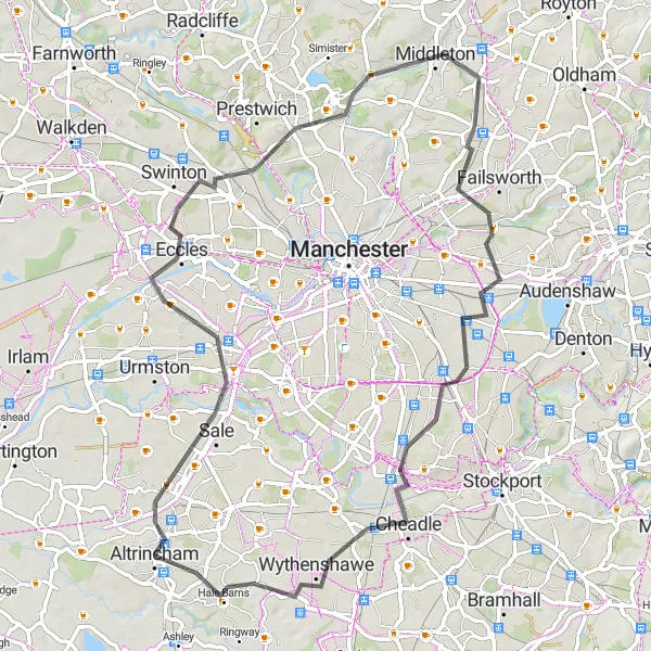 Map miniature of "City and Countryside" cycling inspiration in Greater Manchester, United Kingdom. Generated by Tarmacs.app cycling route planner