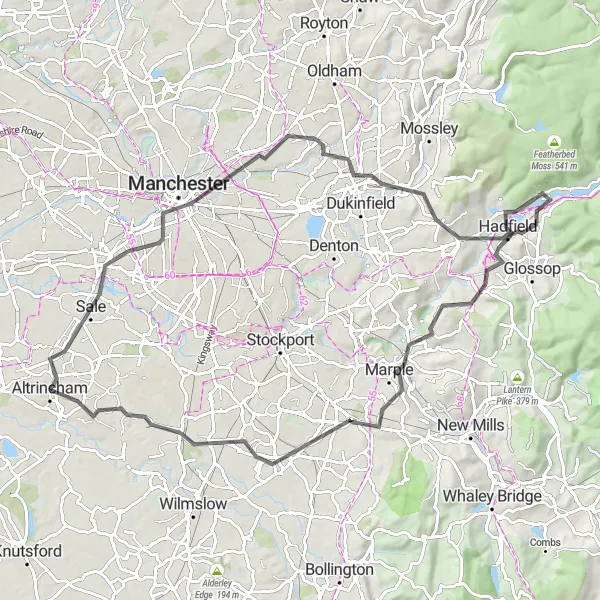 Map miniature of "Peaks and Valleys" cycling inspiration in Greater Manchester, United Kingdom. Generated by Tarmacs.app cycling route planner