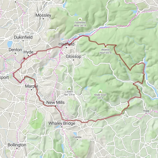 Map miniature of "Gravel Adventure through the Peaks" cycling inspiration in Greater Manchester, United Kingdom. Generated by Tarmacs.app cycling route planner