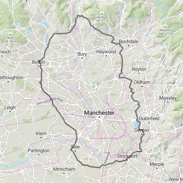 Map miniature of "Scenic Road Tour of Greater Manchester" cycling inspiration in Greater Manchester, United Kingdom. Generated by Tarmacs.app cycling route planner