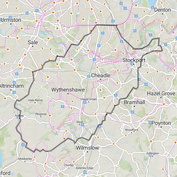 Map miniature of "Handforth and Hale Road Adventure" cycling inspiration in Greater Manchester, United Kingdom. Generated by Tarmacs.app cycling route planner