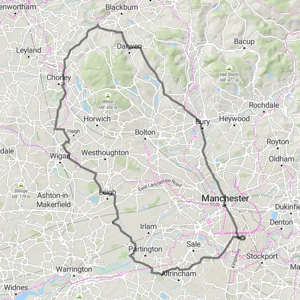 Map miniature of "Withington to Manchester" cycling inspiration in Greater Manchester, United Kingdom. Generated by Tarmacs.app cycling route planner