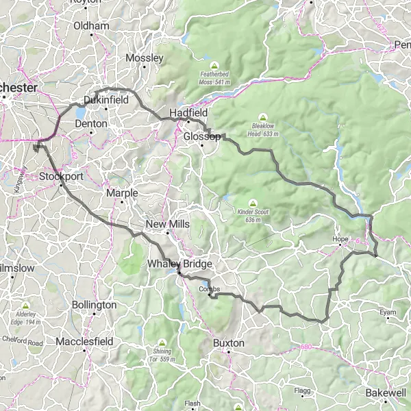 Map miniature of "Burnage to Combs: Exploring the Peaks" cycling inspiration in Greater Manchester, United Kingdom. Generated by Tarmacs.app cycling route planner