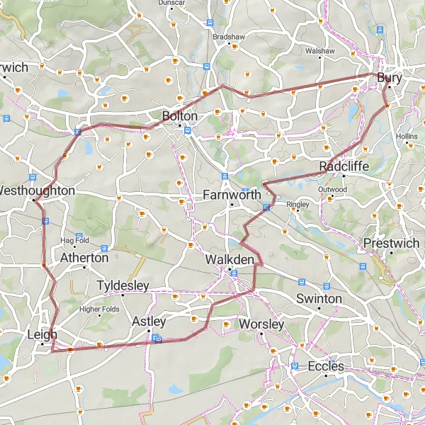 Map miniature of "Greater Manchester Gravel Loop" cycling inspiration in Greater Manchester, United Kingdom. Generated by Tarmacs.app cycling route planner