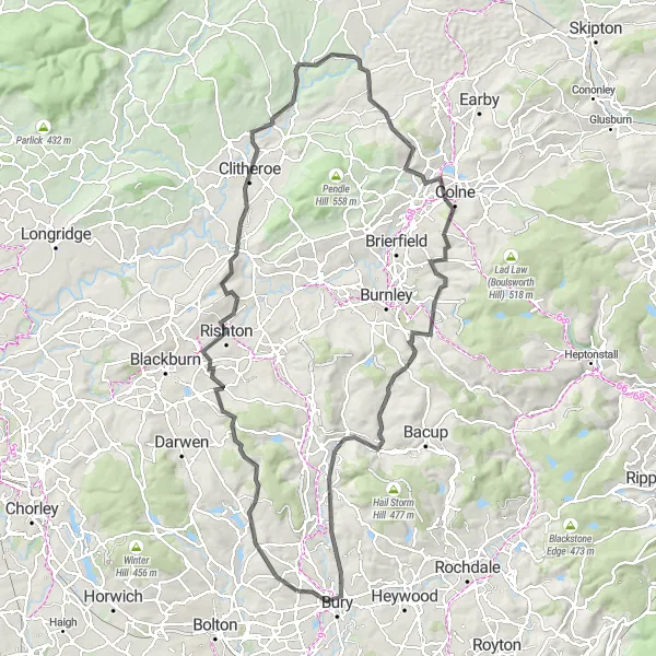 Map miniature of "Bury to Clitheroe Road Adventure" cycling inspiration in Greater Manchester, United Kingdom. Generated by Tarmacs.app cycling route planner