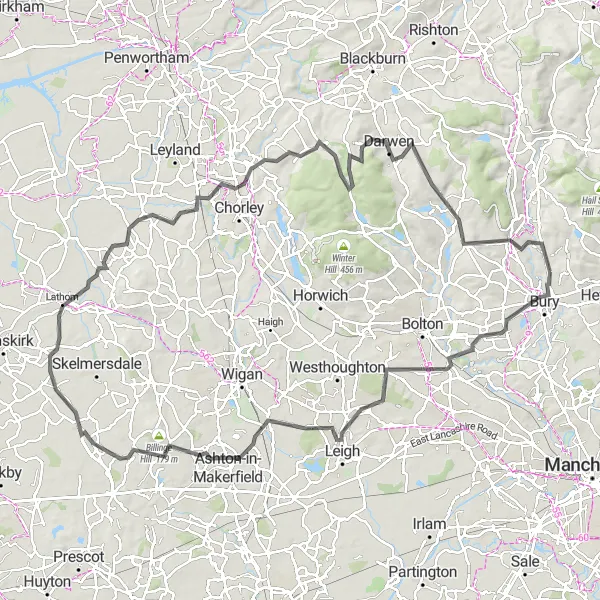 Map miniature of "West Pennine Moors Adventure" cycling inspiration in Greater Manchester, United Kingdom. Generated by Tarmacs.app cycling route planner