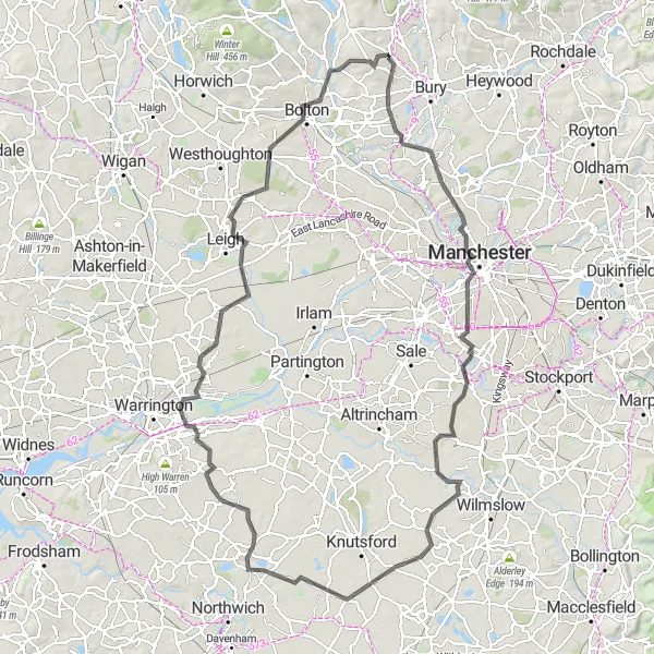 Map miniature of "Whitefield to Greenmount Epic Road Loop" cycling inspiration in Greater Manchester, United Kingdom. Generated by Tarmacs.app cycling route planner