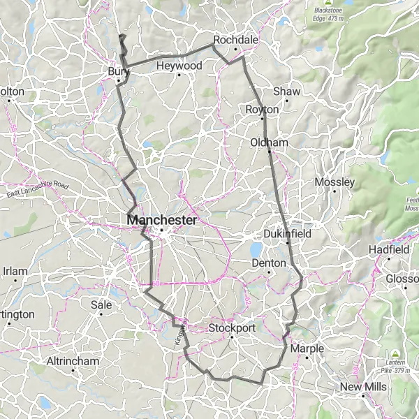 Map miniature of "Heywood to Bury Scenic Road Loop" cycling inspiration in Greater Manchester, United Kingdom. Generated by Tarmacs.app cycling route planner