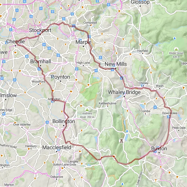 Map miniature of "Peak District Gravel Challenge" cycling inspiration in Greater Manchester, United Kingdom. Generated by Tarmacs.app cycling route planner