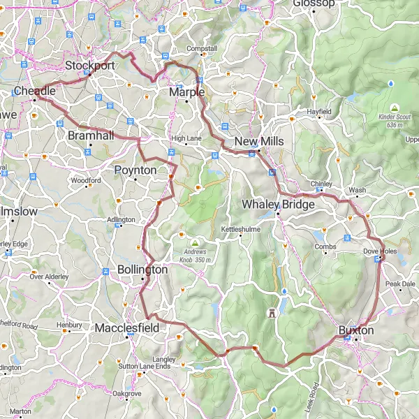 Map miniature of "Cheshire Gravel Explorer" cycling inspiration in Greater Manchester, United Kingdom. Generated by Tarmacs.app cycling route planner