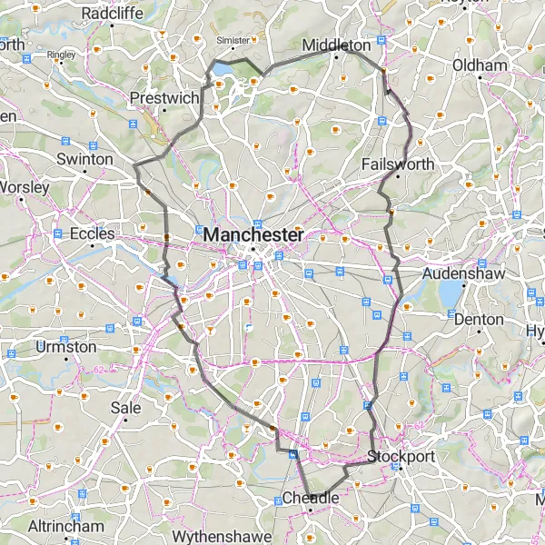 Map miniature of "Cheadle Heath to Heaton Chapel Loop" cycling inspiration in Greater Manchester, United Kingdom. Generated by Tarmacs.app cycling route planner