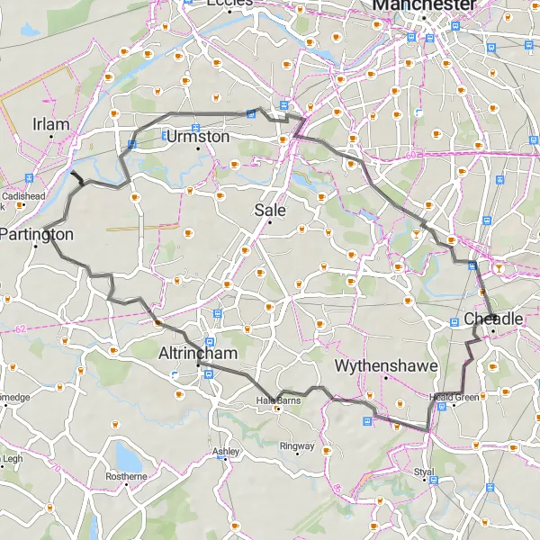 Map miniature of "Altrincham Loop" cycling inspiration in Greater Manchester, United Kingdom. Generated by Tarmacs.app cycling route planner