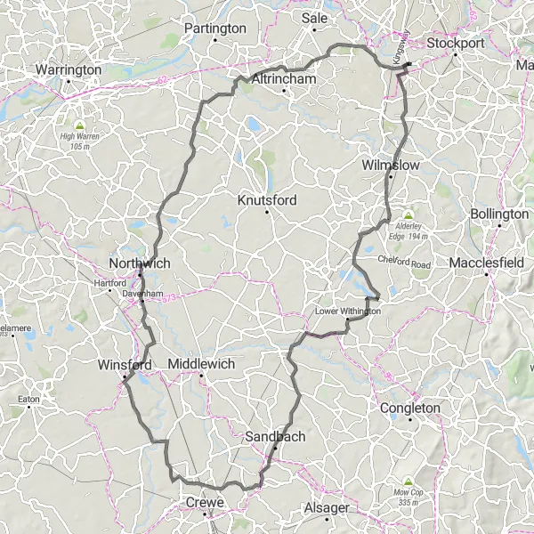 Map miniature of "Alderley Edge and Northwich Challenge" cycling inspiration in Greater Manchester, United Kingdom. Generated by Tarmacs.app cycling route planner