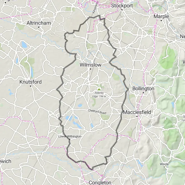 Map miniature of "Cheshire Hills Ride" cycling inspiration in Greater Manchester, United Kingdom. Generated by Tarmacs.app cycling route planner