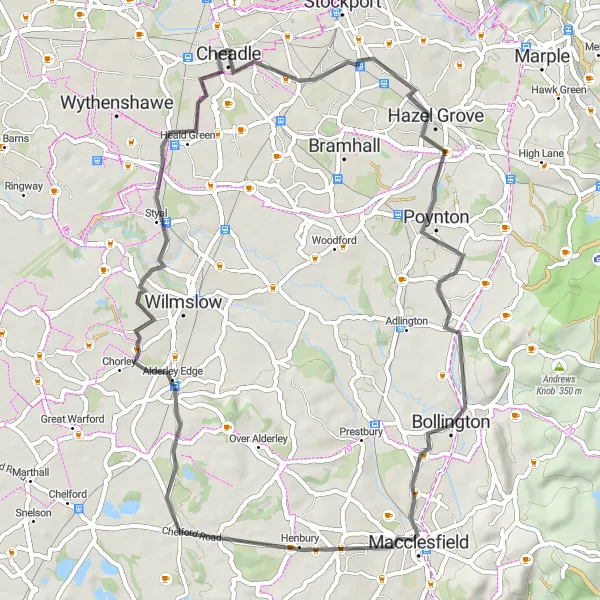 Map miniature of "Hazel Grove Loop" cycling inspiration in Greater Manchester, United Kingdom. Generated by Tarmacs.app cycling route planner