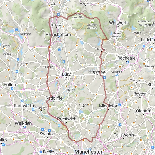 Map miniature of "Greater Manchester Gravel Adventure" cycling inspiration in Greater Manchester, United Kingdom. Generated by Tarmacs.app cycling route planner