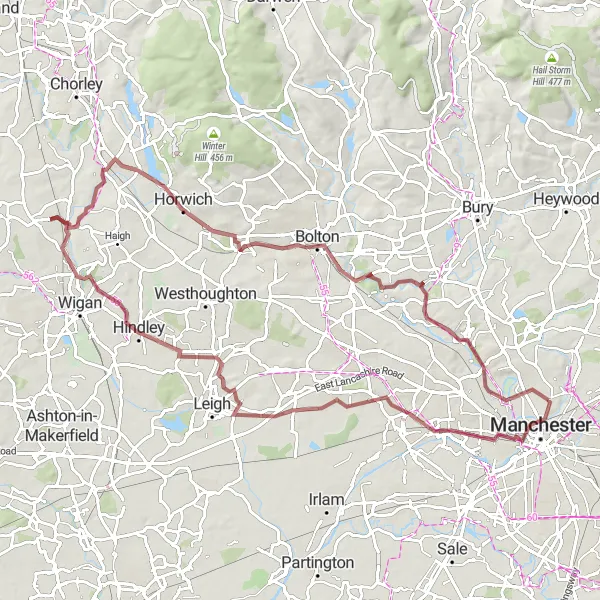 Map miniature of "Eccles and Hindley Green Gravel Route" cycling inspiration in Greater Manchester, United Kingdom. Generated by Tarmacs.app cycling route planner