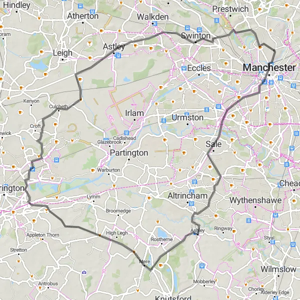 Map miniature of "Cheshire Century Ride" cycling inspiration in Greater Manchester, United Kingdom. Generated by Tarmacs.app cycling route planner