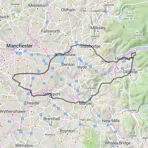 Map miniature of "Peak District Explorer" cycling inspiration in Greater Manchester, United Kingdom. Generated by Tarmacs.app cycling route planner