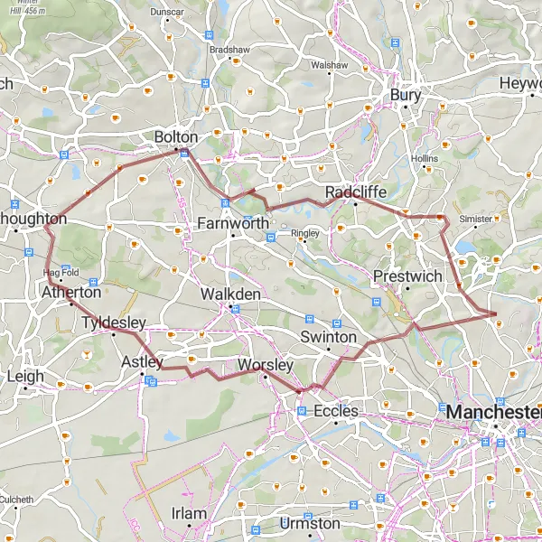 Map miniature of "Gravel Adventure from Crumpsall to Heaton Park and Bolton" cycling inspiration in Greater Manchester, United Kingdom. Generated by Tarmacs.app cycling route planner