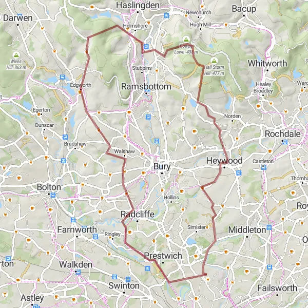 Map miniature of "Gravel Adventure: Crumpsall to Affetside and Heywood" cycling inspiration in Greater Manchester, United Kingdom. Generated by Tarmacs.app cycling route planner