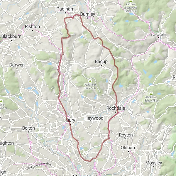 Map miniature of "Bury to Middleton: A Gravel Adventure in the Pennines" cycling inspiration in Greater Manchester, United Kingdom. Generated by Tarmacs.app cycling route planner