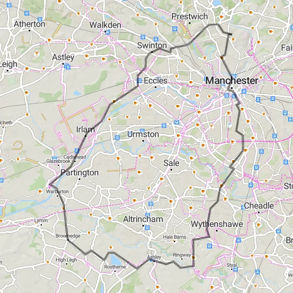 Map miniature of "Manchester to Crumpsall: Exploring the Northern Suburbs" cycling inspiration in Greater Manchester, United Kingdom. Generated by Tarmacs.app cycling route planner