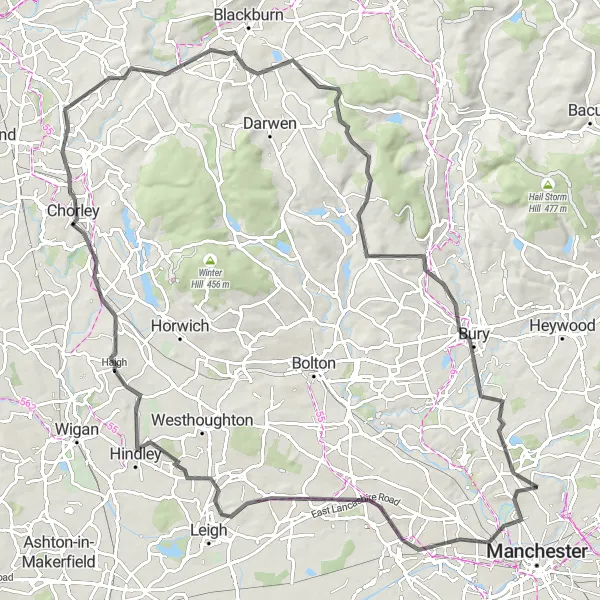 Map miniature of "100 km Road Cycling Loop: Crumpsall to Pleasington and Bury" cycling inspiration in Greater Manchester, United Kingdom. Generated by Tarmacs.app cycling route planner