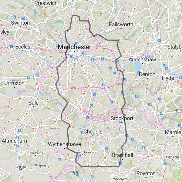 Map miniature of "Gorton to Broughton Park: A Journey Through Manchester's Suburbs" cycling inspiration in Greater Manchester, United Kingdom. Generated by Tarmacs.app cycling route planner