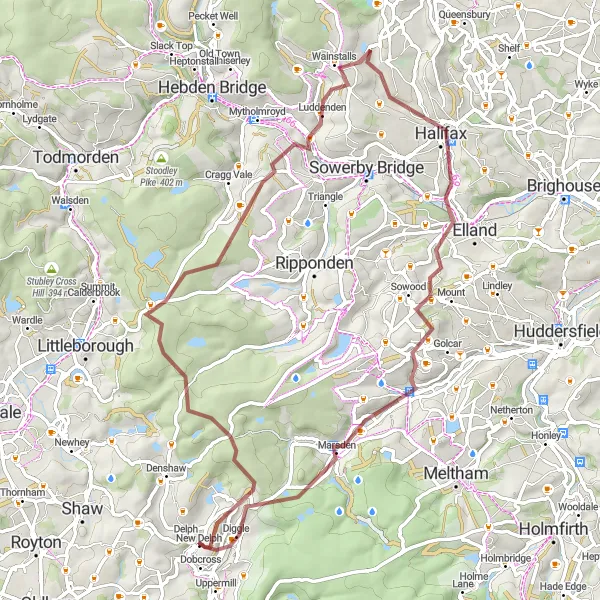 Map miniature of "Scenic Gravel Loop" cycling inspiration in Greater Manchester, United Kingdom. Generated by Tarmacs.app cycling route planner