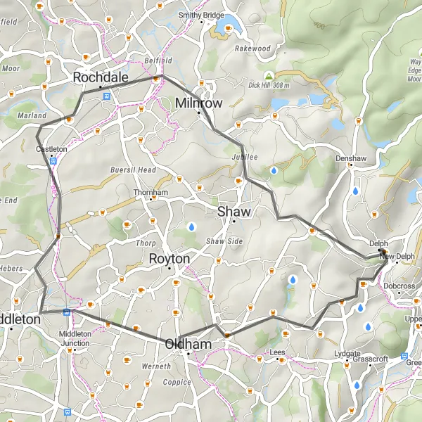 Map miniature of "Explore Greater Manchester Road Ride" cycling inspiration in Greater Manchester, United Kingdom. Generated by Tarmacs.app cycling route planner