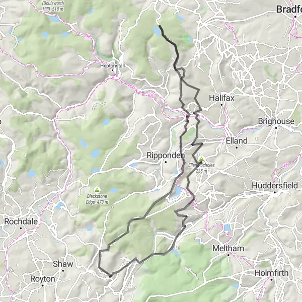 Map miniature of "The Hill Climber's Delight" cycling inspiration in Greater Manchester, United Kingdom. Generated by Tarmacs.app cycling route planner