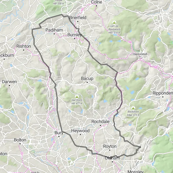 Map miniature of "Pennine Hills Loop Road Ride" cycling inspiration in Greater Manchester, United Kingdom. Generated by Tarmacs.app cycling route planner