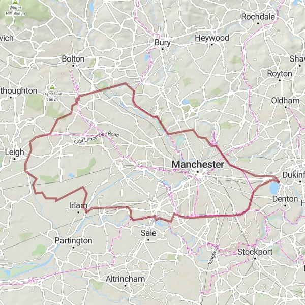 Map miniature of "Gravel Adventure: Denton to Farnworth Loop" cycling inspiration in Greater Manchester, United Kingdom. Generated by Tarmacs.app cycling route planner