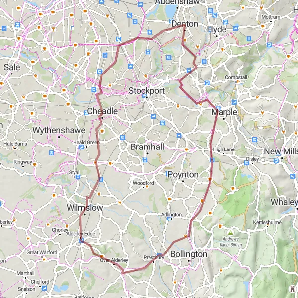 Map miniature of "Countryside Gravel Ride: Marple Loop" cycling inspiration in Greater Manchester, United Kingdom. Generated by Tarmacs.app cycling route planner