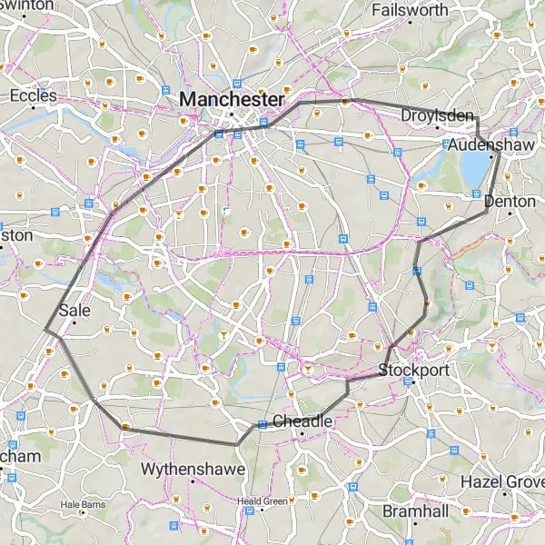 Map miniature of "Road Loop from Denton" cycling inspiration in Greater Manchester, United Kingdom. Generated by Tarmacs.app cycling route planner
