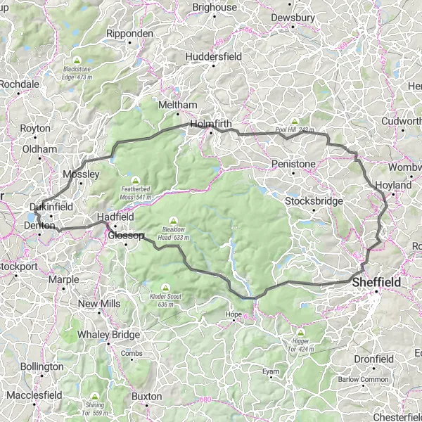 Map miniature of "Peak District Loop" cycling inspiration in Greater Manchester, United Kingdom. Generated by Tarmacs.app cycling route planner