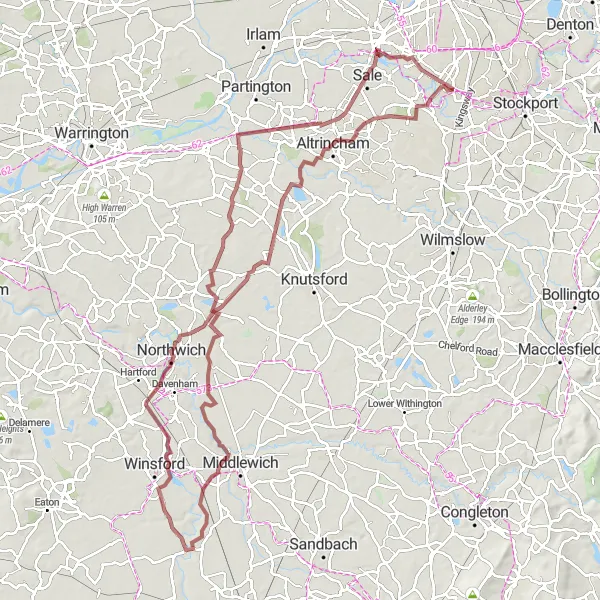Map miniature of "Sale to Northwich Gravel Route" cycling inspiration in Greater Manchester, United Kingdom. Generated by Tarmacs.app cycling route planner