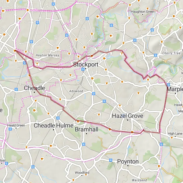 Map miniature of "Didsbury and Brinksway Caves Gravel Route" cycling inspiration in Greater Manchester, United Kingdom. Generated by Tarmacs.app cycling route planner