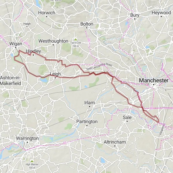 Map miniature of "The Gravel Escape" cycling inspiration in Greater Manchester, United Kingdom. Generated by Tarmacs.app cycling route planner