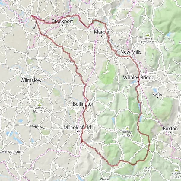 Map miniature of "Peak District Explorer" cycling inspiration in Greater Manchester, United Kingdom. Generated by Tarmacs.app cycling route planner