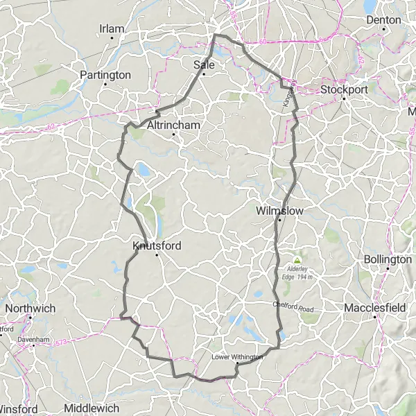 Map miniature of "Alderley Edge and Twemlow Road Cycling Route" cycling inspiration in Greater Manchester, United Kingdom. Generated by Tarmacs.app cycling route planner
