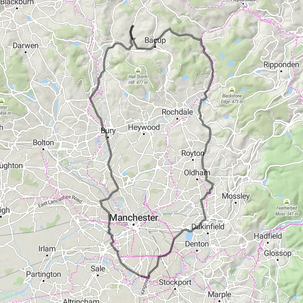 Map miniature of "Challenging Climb: From Chorlton-cum-Hardy to Levenshulme" cycling inspiration in Greater Manchester, United Kingdom. Generated by Tarmacs.app cycling route planner