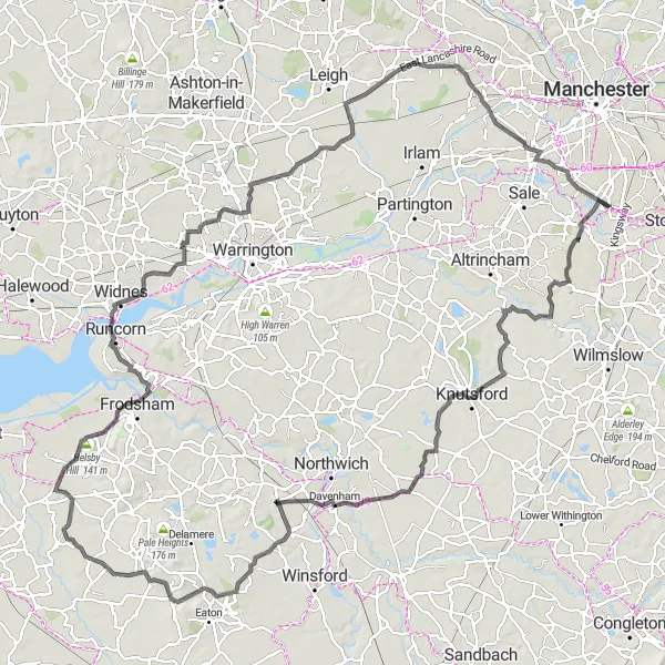 Map miniature of "The Cheshire Expedition" cycling inspiration in Greater Manchester, United Kingdom. Generated by Tarmacs.app cycling route planner