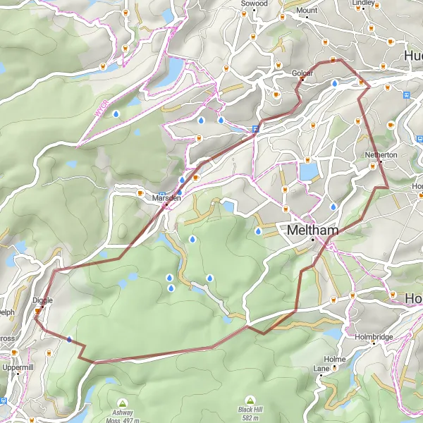 Map miniature of "The Meltham Gravel Loop" cycling inspiration in Greater Manchester, United Kingdom. Generated by Tarmacs.app cycling route planner