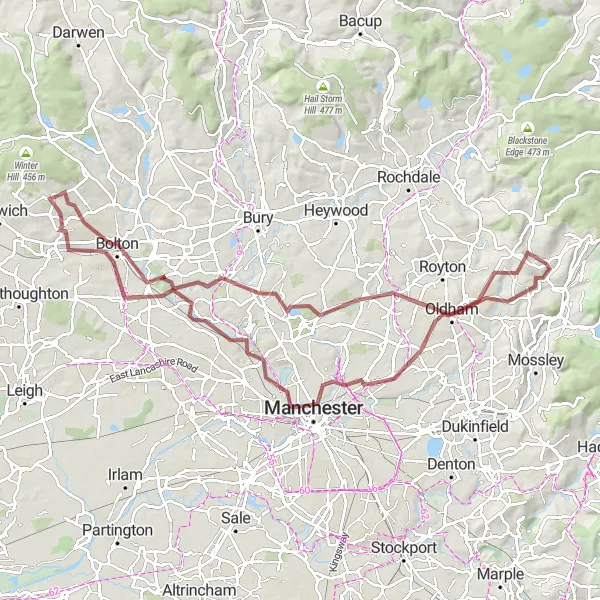 Map miniature of "The Greater Manchester Gravel Adventure" cycling inspiration in Greater Manchester, United Kingdom. Generated by Tarmacs.app cycling route planner