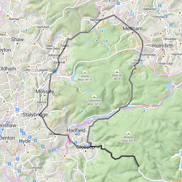 Map miniature of "The Peak District Grand Tour" cycling inspiration in Greater Manchester, United Kingdom. Generated by Tarmacs.app cycling route planner