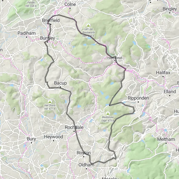 Map miniature of "Lancashire Hills and Valleys" cycling inspiration in Greater Manchester, United Kingdom. Generated by Tarmacs.app cycling route planner