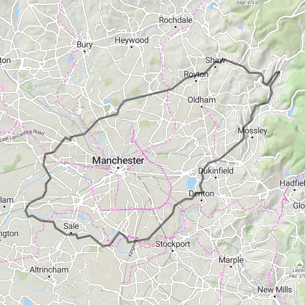 Map miniature of "Scenic Ride through Manchester and Suburbs" cycling inspiration in Greater Manchester, United Kingdom. Generated by Tarmacs.app cycling route planner