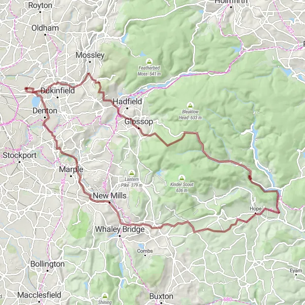 Map miniature of "Gravel Adventure through the Peak District" cycling inspiration in Greater Manchester, United Kingdom. Generated by Tarmacs.app cycling route planner